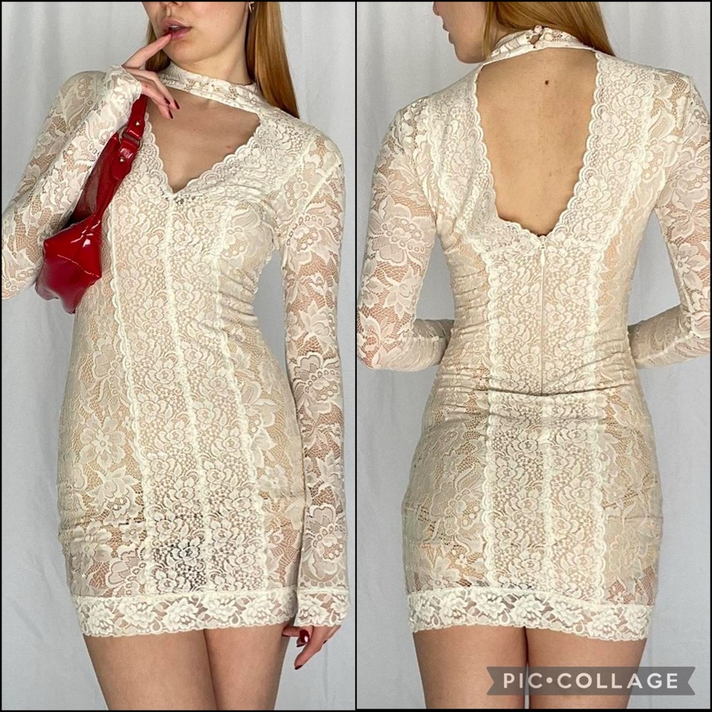 BEBE Cream Floral Lace Choker Mock Neck Mini Dress - Picture 2 of 12